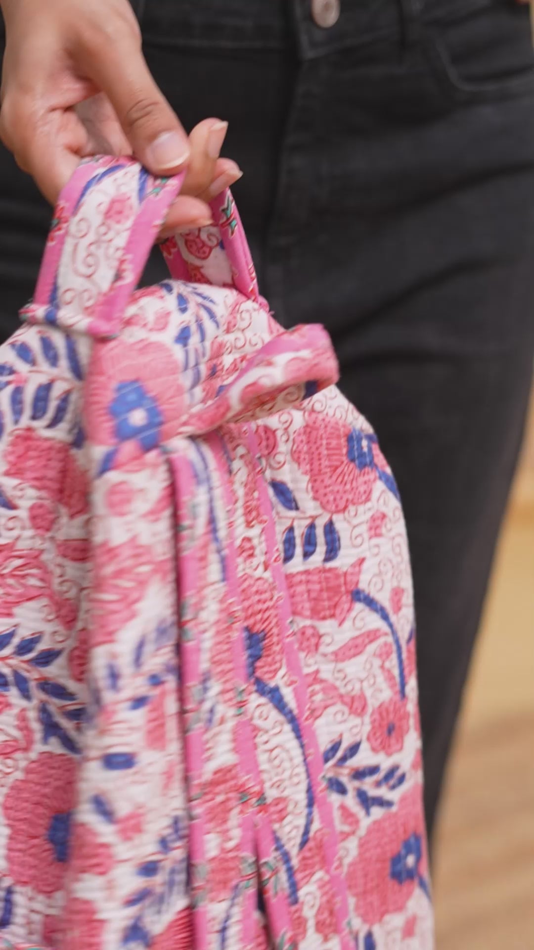 Handmade Pink Floral Quilted Cotton Backpack: Travel Bag